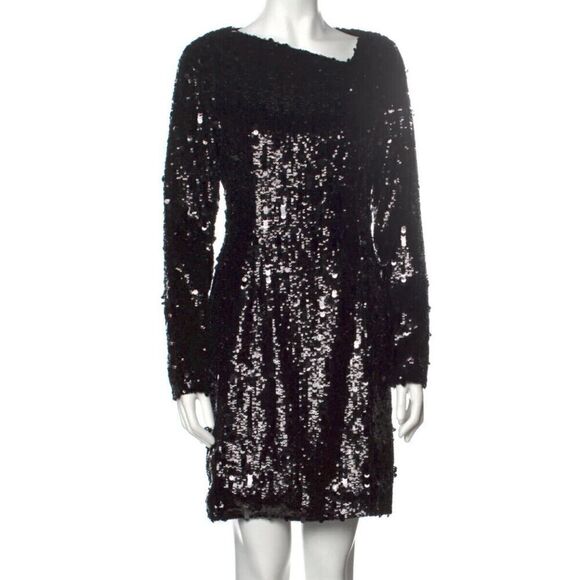 Vivienne Hu Women's Sz 4 Black Asymmetrical Neck L/S Sequin Mini Dress - Picture 9 of 9
